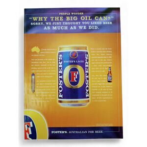 2001 Fosters Lager Print Ad Big Oil Can Beer Humor Orange Blue Colors y2k Advert